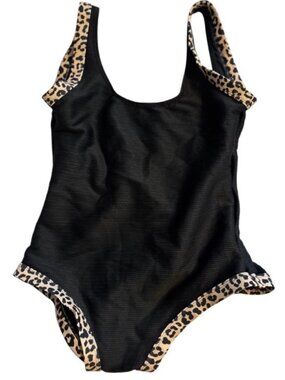 Pink Lily Black With Animal Print Trim One Piece Swimwear High Thigh Size Small